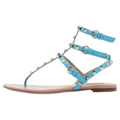 Valentino Blue Leather Rockstud Flat Sandals Size 39