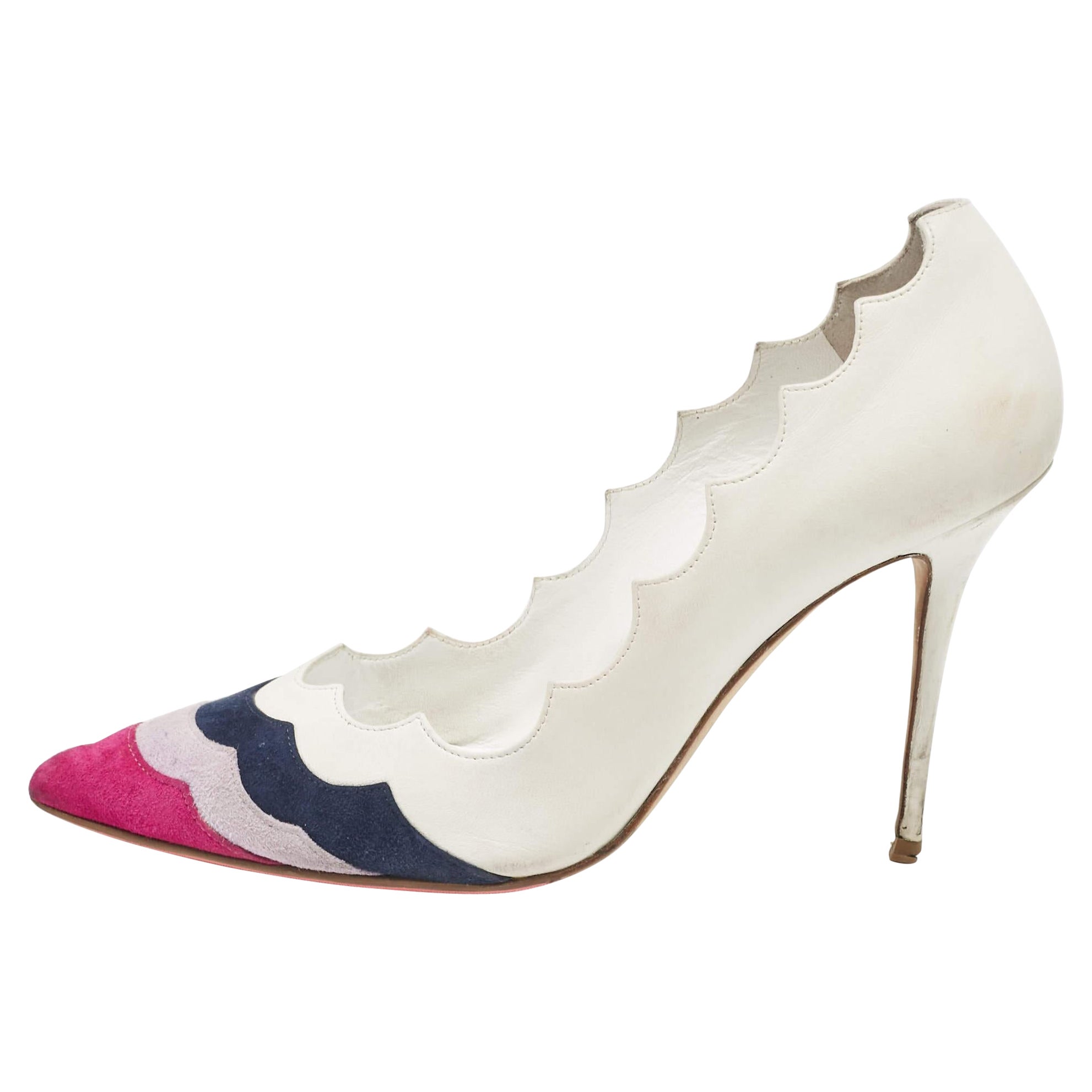 Manolo Blahnik White/Tricolor Leather and Suede Pointed Toe Pumps Size 37.5 For Sale