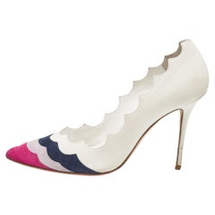 Manolo Blahnik Bianco/Tricolore Pelle e Camoscio Punta a Punta Pompe Taglia 37.5