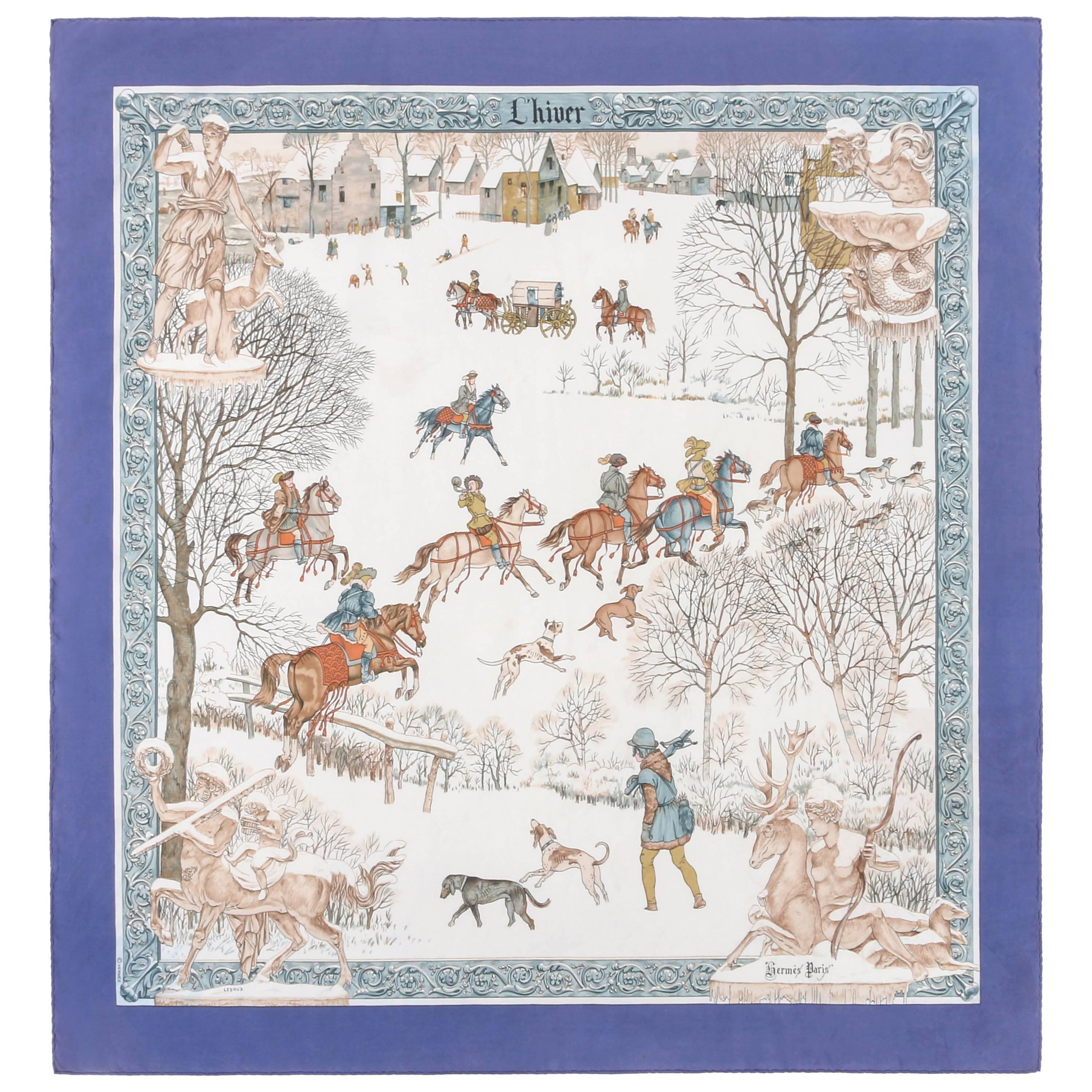 HERMES c.1968 Philippe Ledoux "L'hiver" Purple White Winter Hunting Silk Scarf