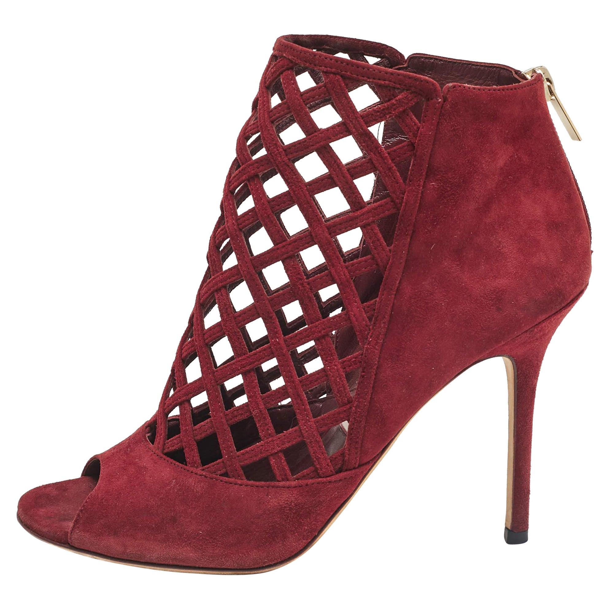 Jimmy Choo Burgundy Suede Ankle Length Boots Size 39 For Sale