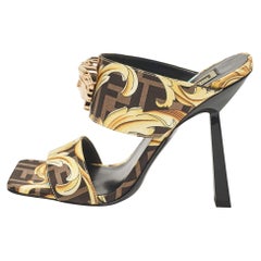Fendi x Versace Black/Yellow Baroque Fabric Medusa Slide Sandals Size 36.5