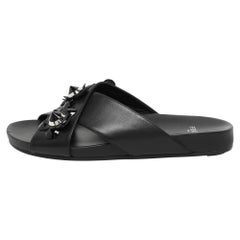 Fendi Black Leather Flowerland Criss Cross Flat Slides Size 38