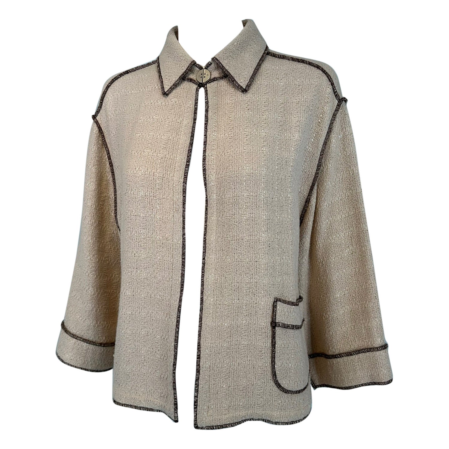 Chanel  1999P Giacca aperta in cotone a trama aperta beige e marrone con vestibilità ampia 42