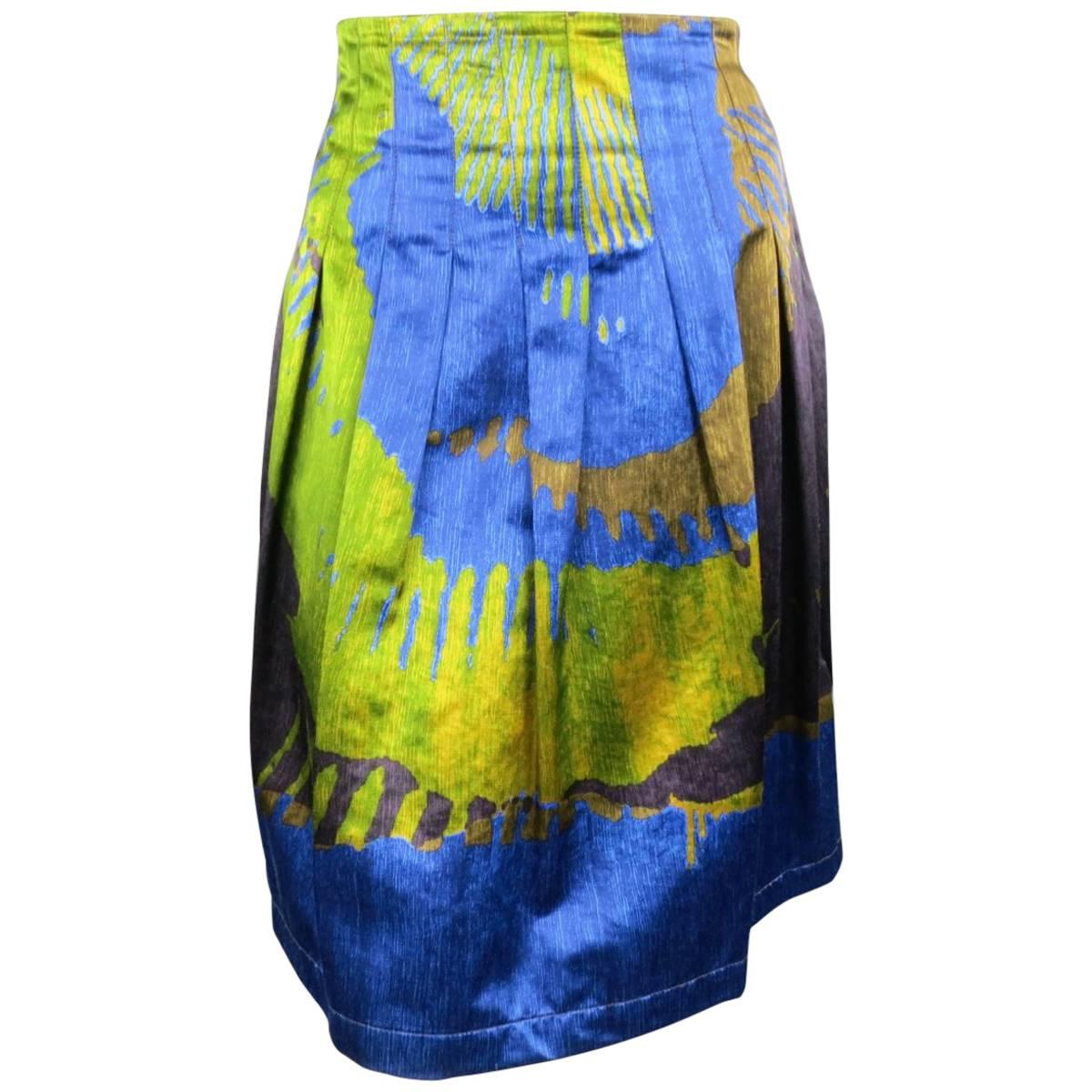 ETRO Skirt - Size 4 - Green & Blue Abstract Print Satin Pleated A Line Skirt