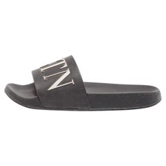 Valentino Black Rubber VLTN Flat Slides Size 38