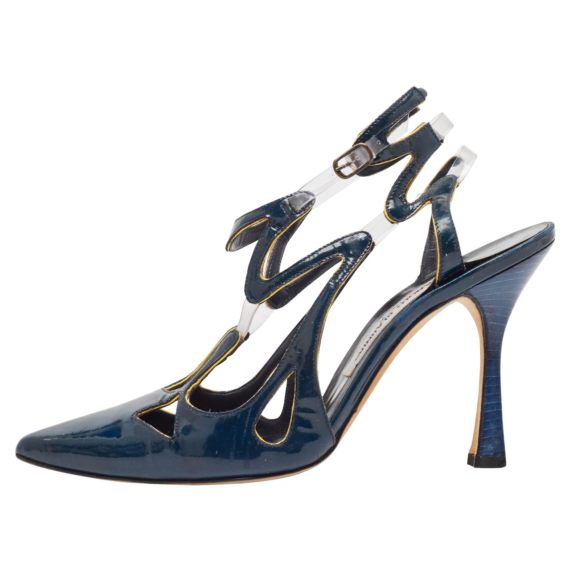 Manolo Blahnik Blue Patent Leather and PVC Pumps Size 37.5 For Sale