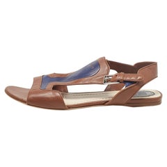 Dior Brown/Blue Leather Ankle Strap Flat Sandals Size 40.5