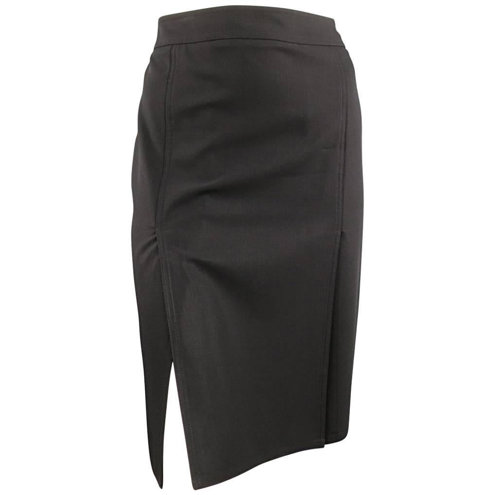 CELINE Size 4 Black Wool Double Slit Pencil Skirt