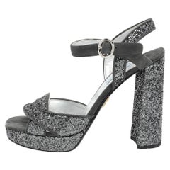 Prada Grey Glitter and Suede Ankle Strap Sandals Size 39