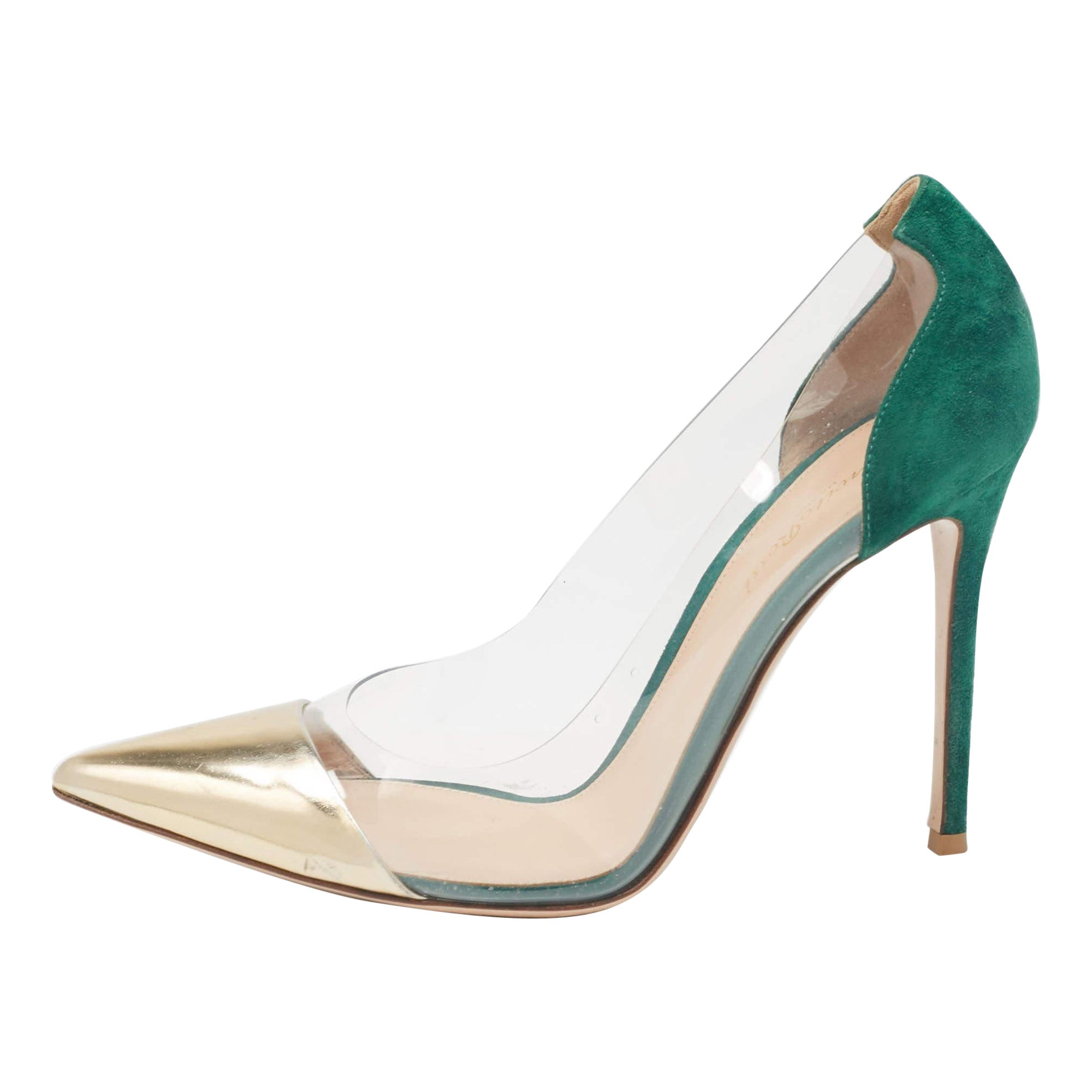 Gianvito Rossi Gold/Green Leather  Suede and PVC Plexi Pumps Size 41.5 For Sale