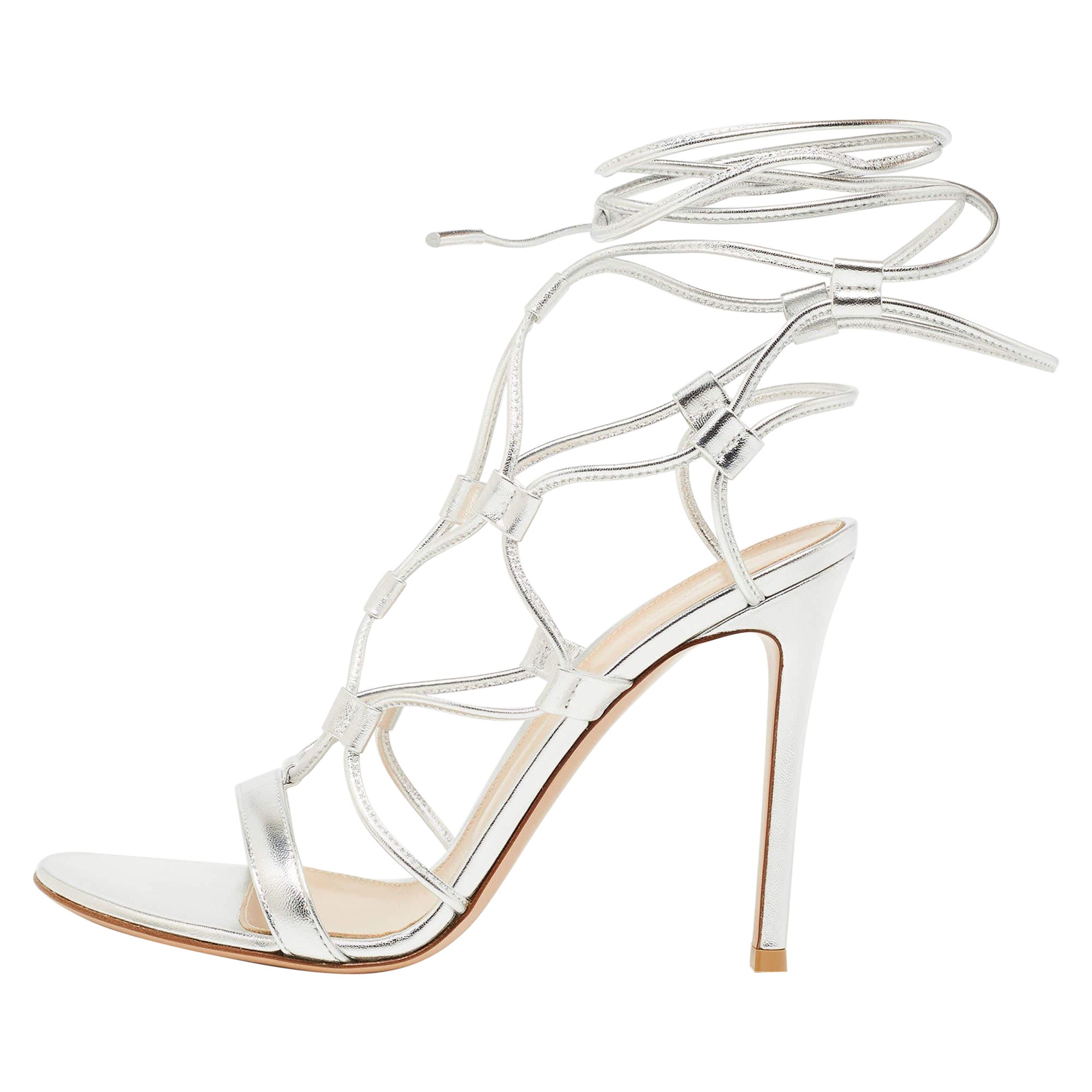 Gianvito Rossi Silver Leather Giza Ankle Wrap Sandals Size 39 For Sale