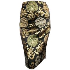 RALPH LAUREN Size 10 Black & Gold Chinoiserie Silk Jacquard Pencil Skirt