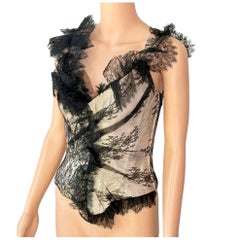Christian Lacroix, bustier corset vintage non porté, haut court en dentelle transparente et métallique, non porté