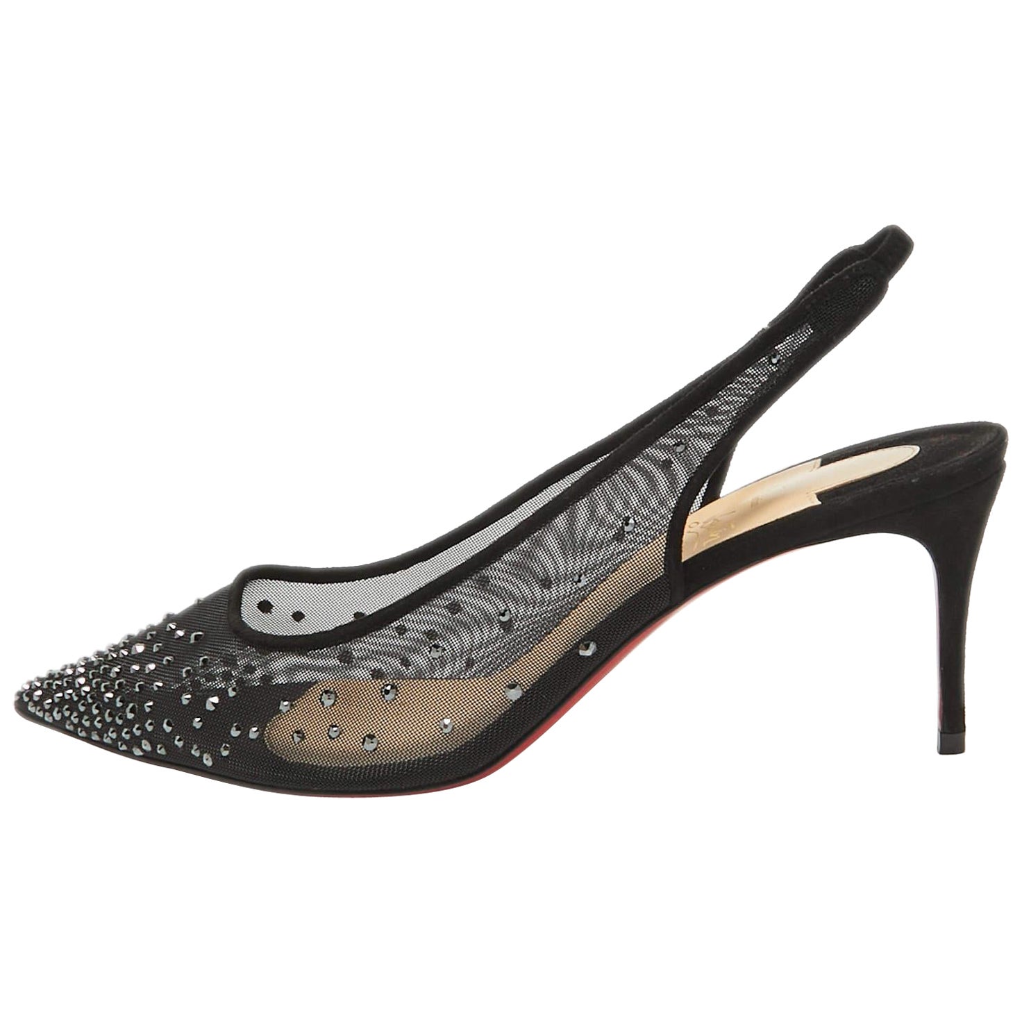Christian Louboutin Black Mesh Follies Strass Slingback Pumps Size 39.5 For Sale