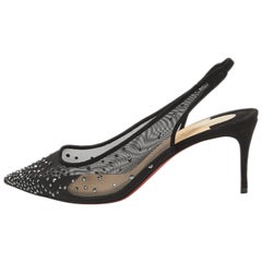 Christian Louboutin Black Mesh Follies Strass Slingback Pumps Size 39.5