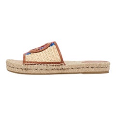 Gucci Beige/Brown Raffia Leather Interlocking G Espadrille Slide Sandals Size 39