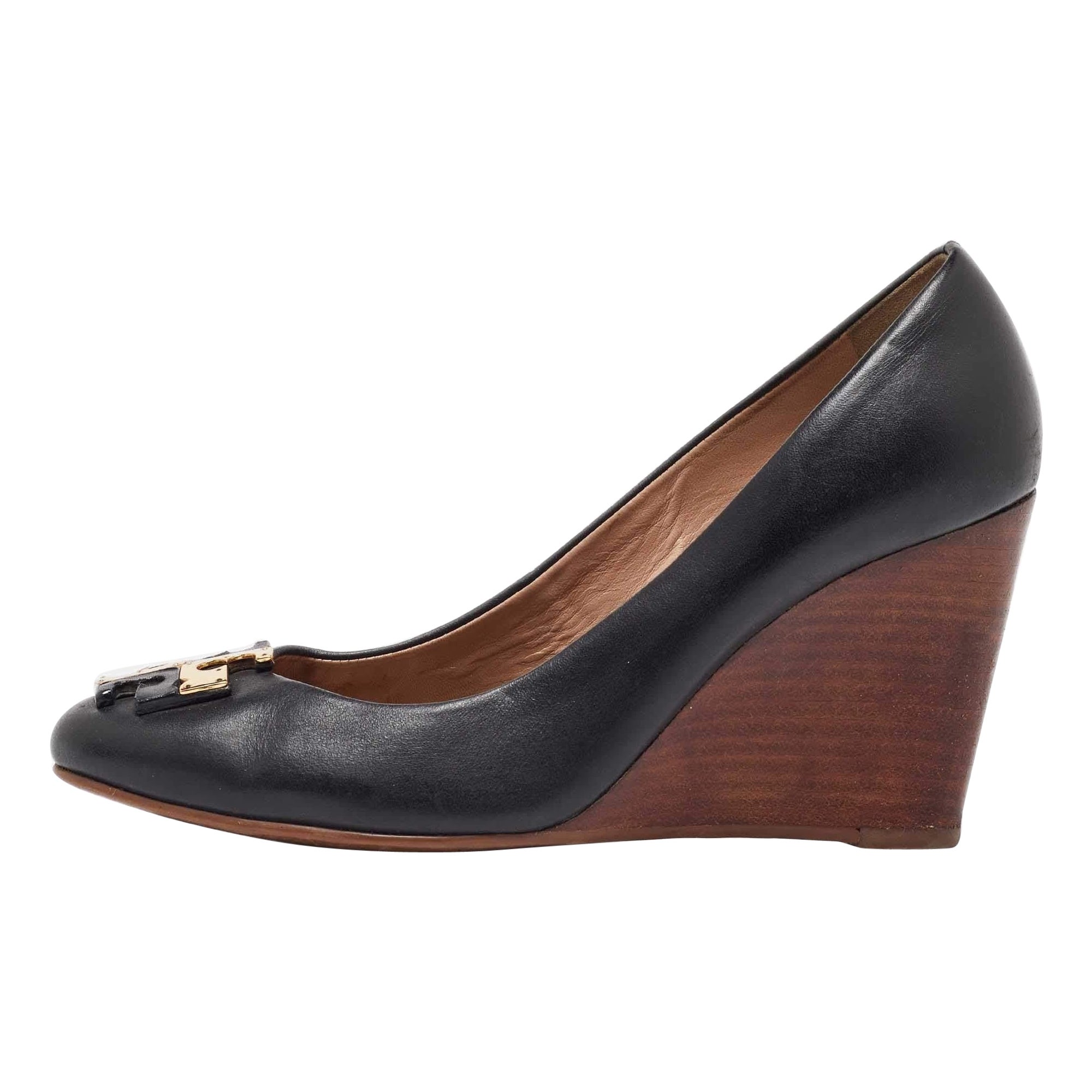 Tory Burch Black Leather Lowell Wedge Pumps Size 38.5 For Sale