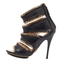 Giuseppe Zanotti Black Leather Chain Embellished Trim Cut Out Sandals Size 35.5