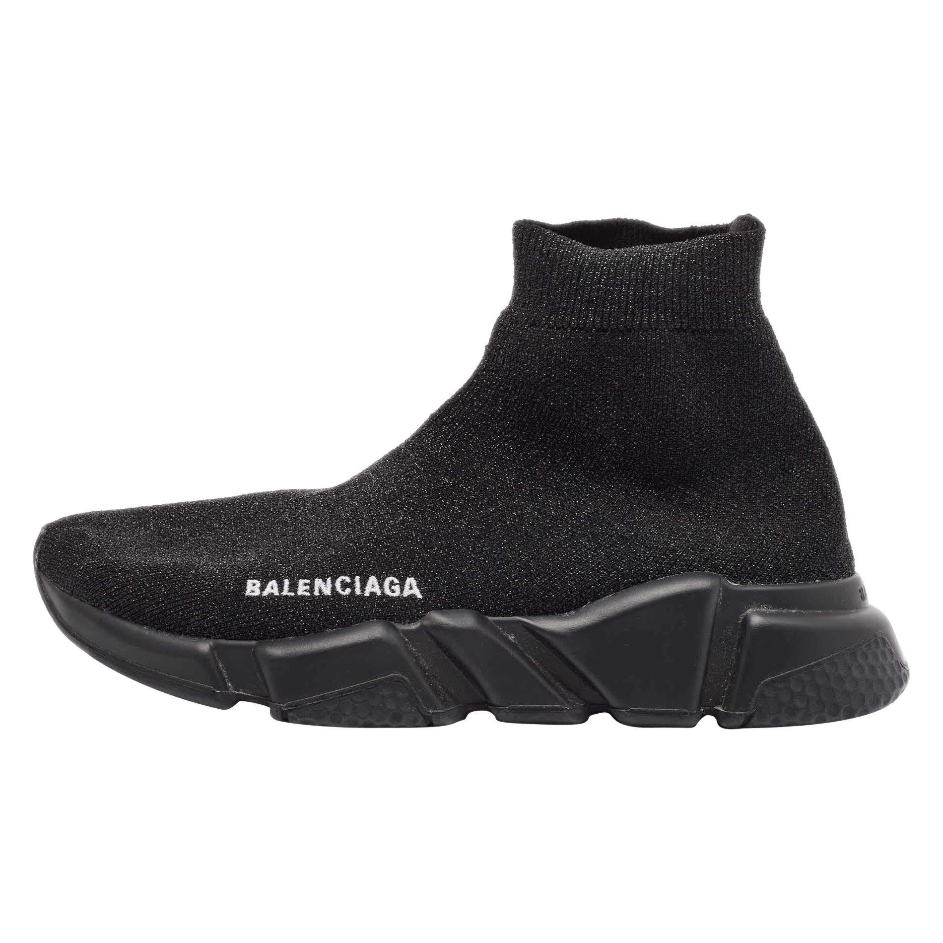 Balenciaga Black Lurex Fabric Speed Trainer High Top Sneakers Size 38 For Sale