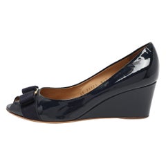 Salvatore Ferragamo Blue Patent Leather Vara Bow Wedge Pumps Size 37.5