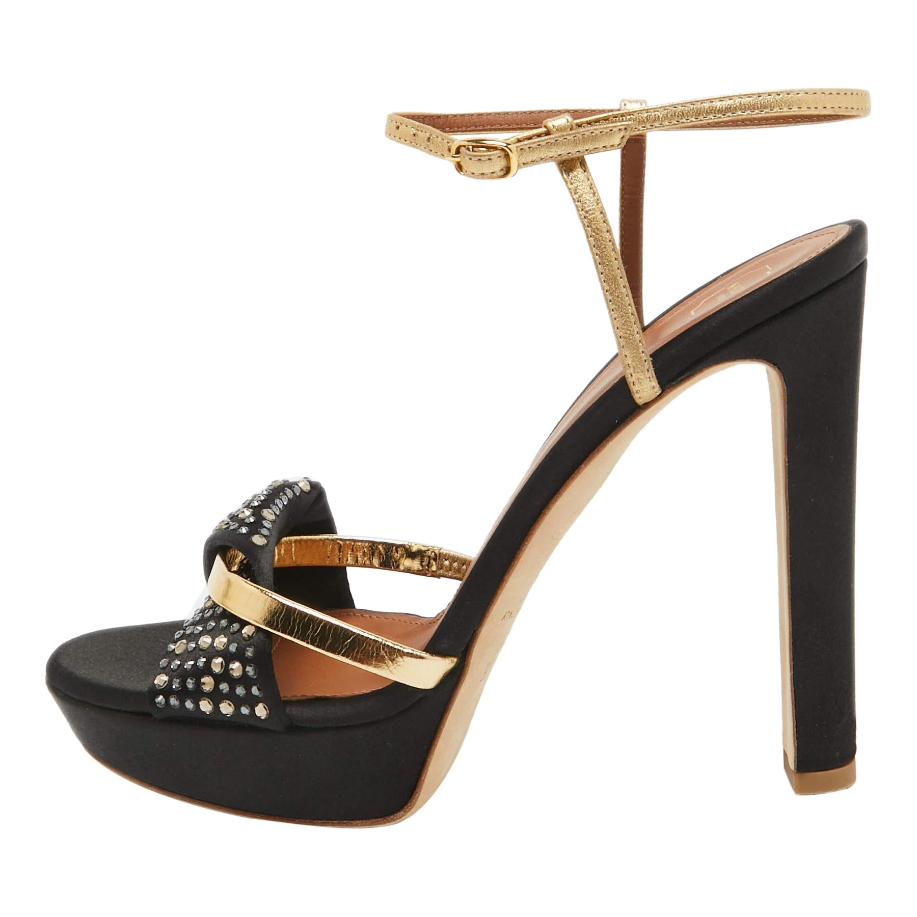 Malone Souliers Black/Gold Satin and Leather Lauren Crystals Sandals Size 39