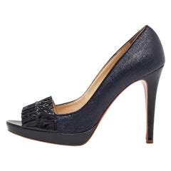 Versace Black Coated Raffia and Patent Leather Peep Toe Pumps Size 39