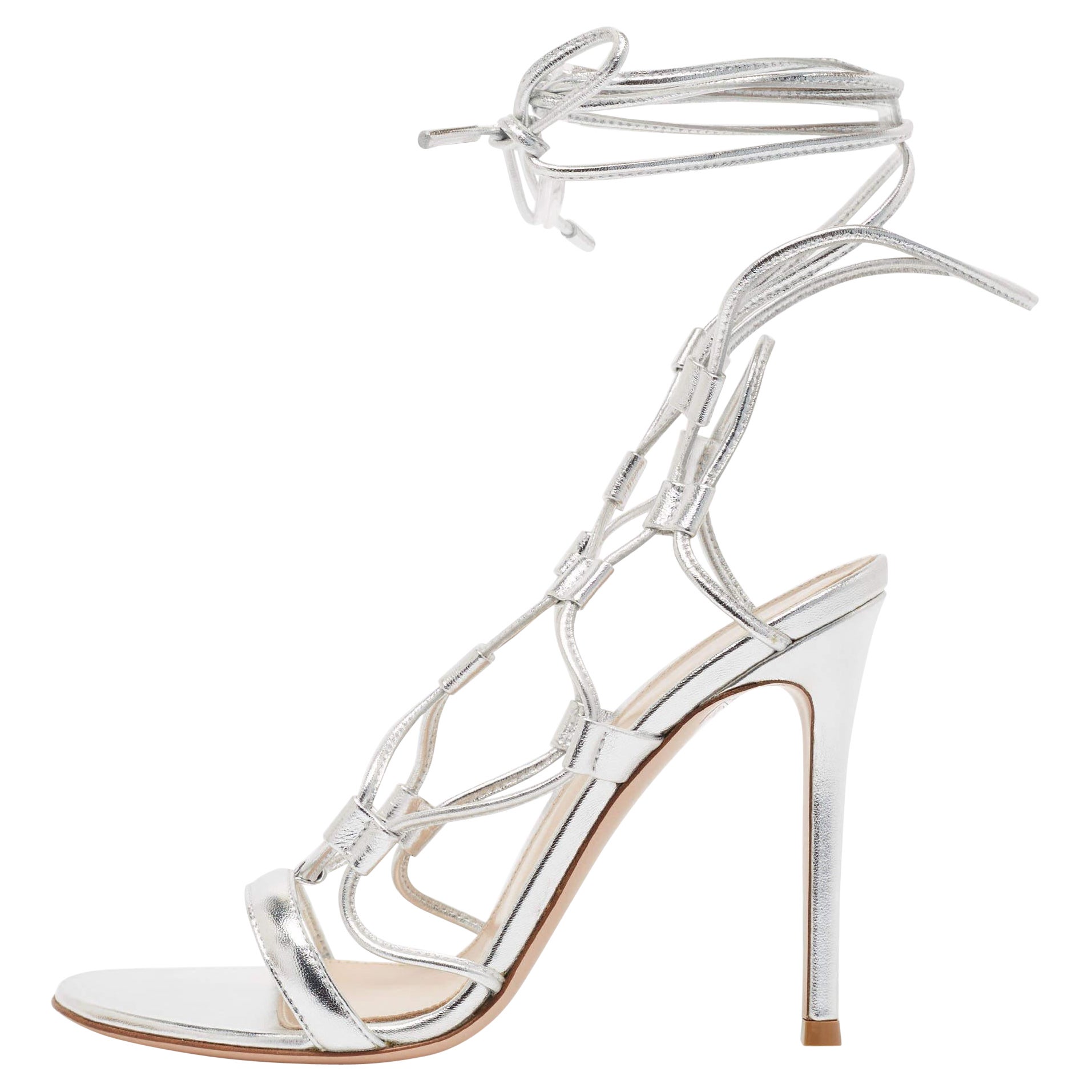 Gianvito Rossi Silver Leather Giza Ankle Wrap Sandals Size 37 For Sale