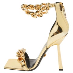 Versace Gold Patent Leather Medusa Chain Ankle Strap Sandals Size 40