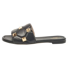 Valentino Black Leather Roman Stud Flat Slides Size 40