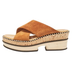 Chloe Brown Suede Crisscross Platform Slide Sandals Size 37
