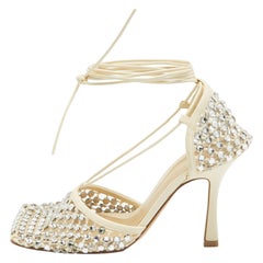 Bottega Veneta Cream Crystal Embellished Mesh Stretch Ankle Tie Pumps Size 37