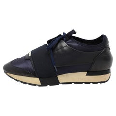 Balenciaga Navy Blue Leather and Satin Race Runner Low Top Sneakers Size 39