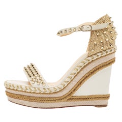 Christian Louboutin Cream Leather and Raffia Wedge Ankle Strap Sandals Size 40