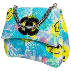 Vintage Chanel Structured Multi Color Bag with Silver Chain Top Handle