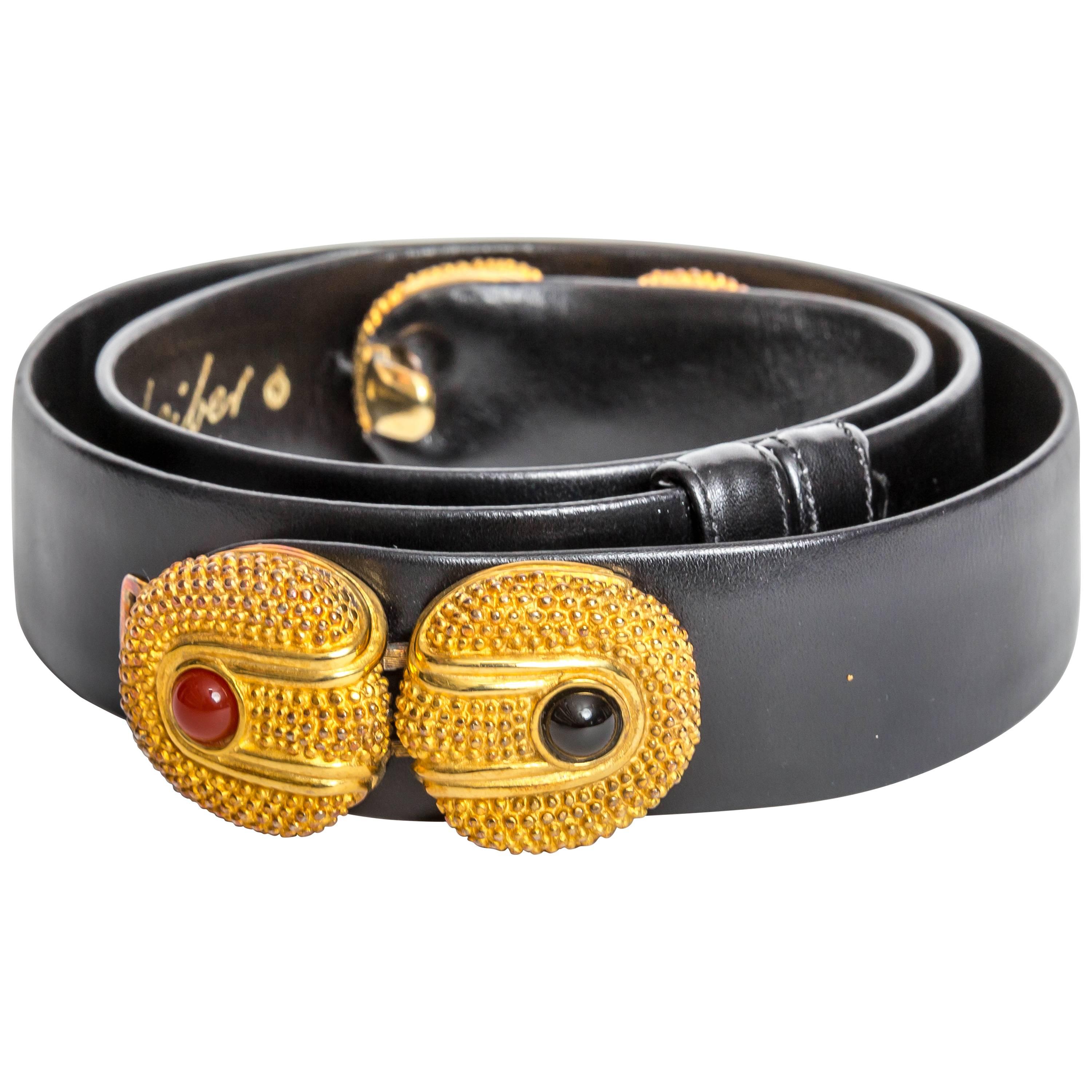 Judith Leiber Black Leather Belt with Semi Precious Cabochons