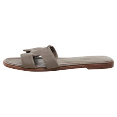 Hermes Grey Leather Oran Flat Slides Size 41