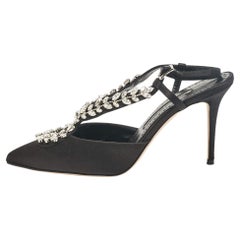 Manolo Blahnik Black Satin Crystal Embellished Slingback Pumps Size 35.5