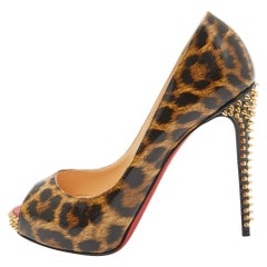 Christian Louboutin Brown Leopard Print Patent Very Prive Spike Pumps Size 38