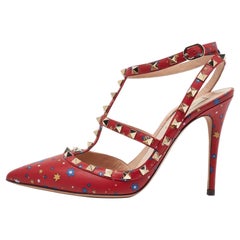 Valentino Red Printed Leather Rockstud Strappy Sandals Size 39