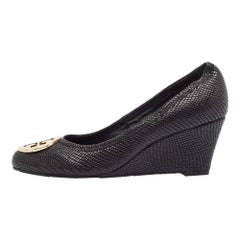 Tory Burch Black Textured Leather Sally Wedge Pumps Size 38.5