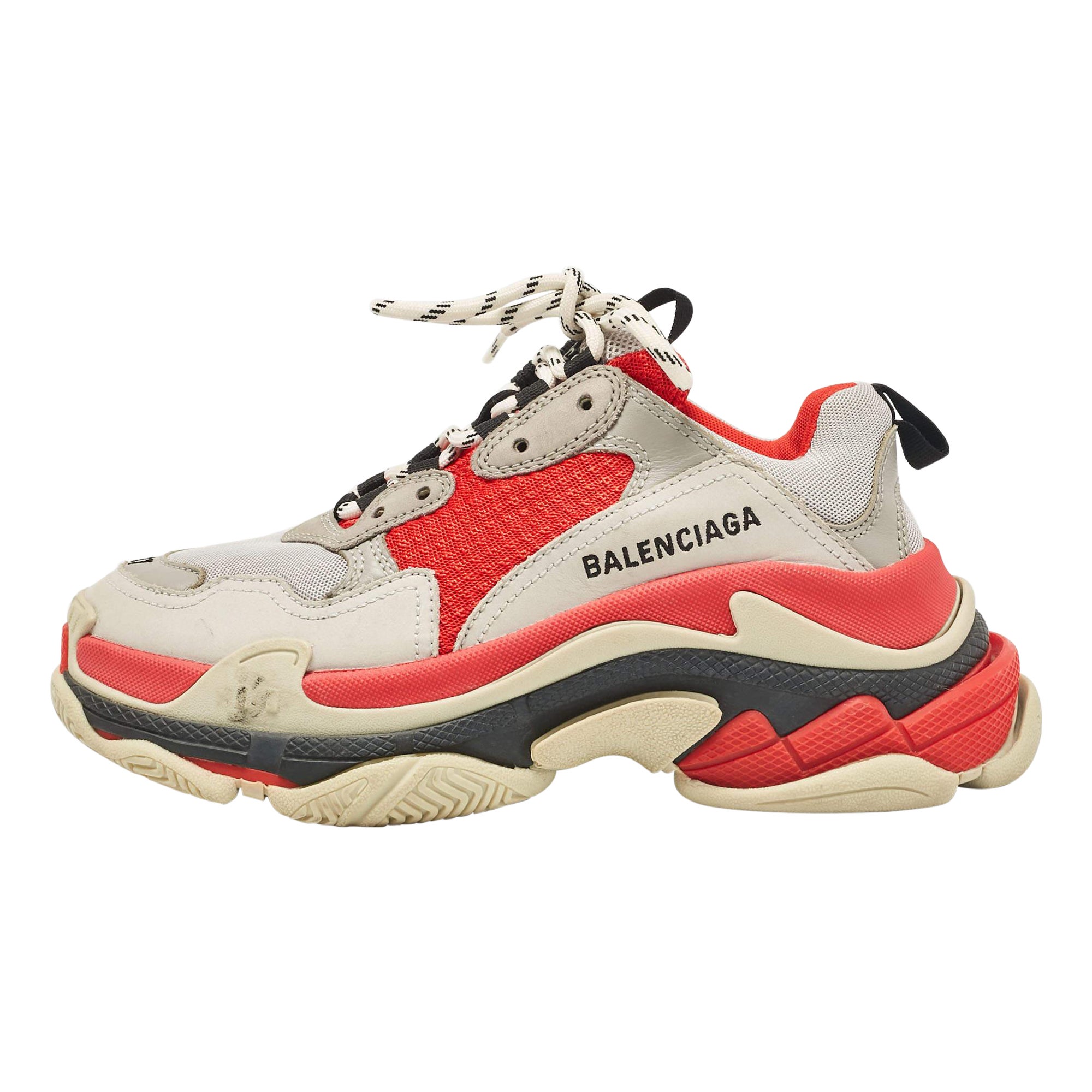 Balenciaga Grey/Red Faux Leather and Mesh Triple S Sneakers Size 37 For Sale