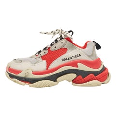 Balenciaga Grey/Red Faux Leather and Mesh Triple S Sneakers Size 37