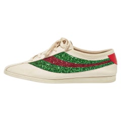 Gucci White Glitter and Leather Falacer Lace Up Sneakers Size 43