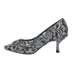 Dolce Gabbana Silver Lace DG Amore Crystal Embellished Pointed Toe Pumps Size 39