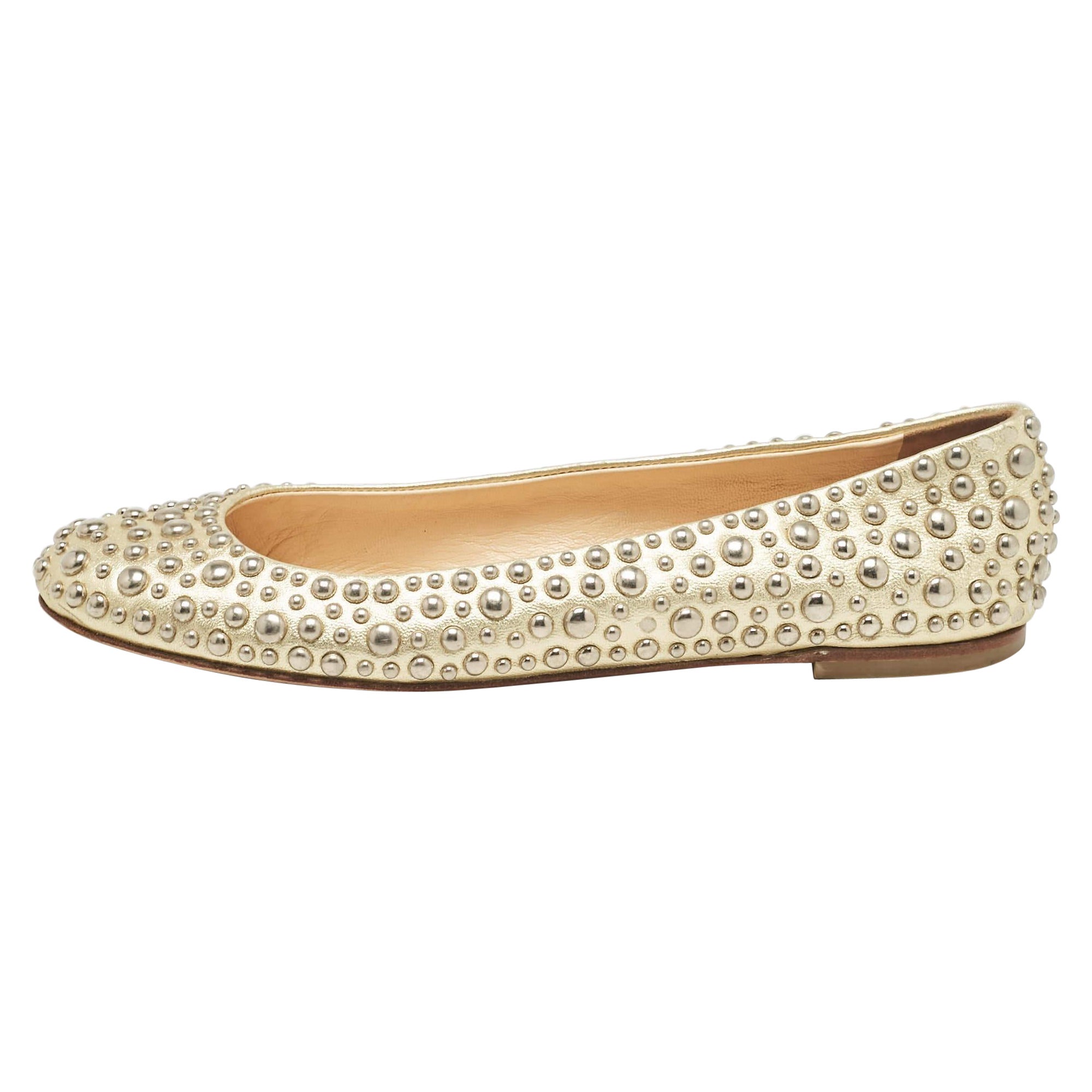 Giuseppe Zanotti Gold Leather Embellished Ballet Flats Size 37 For Sale