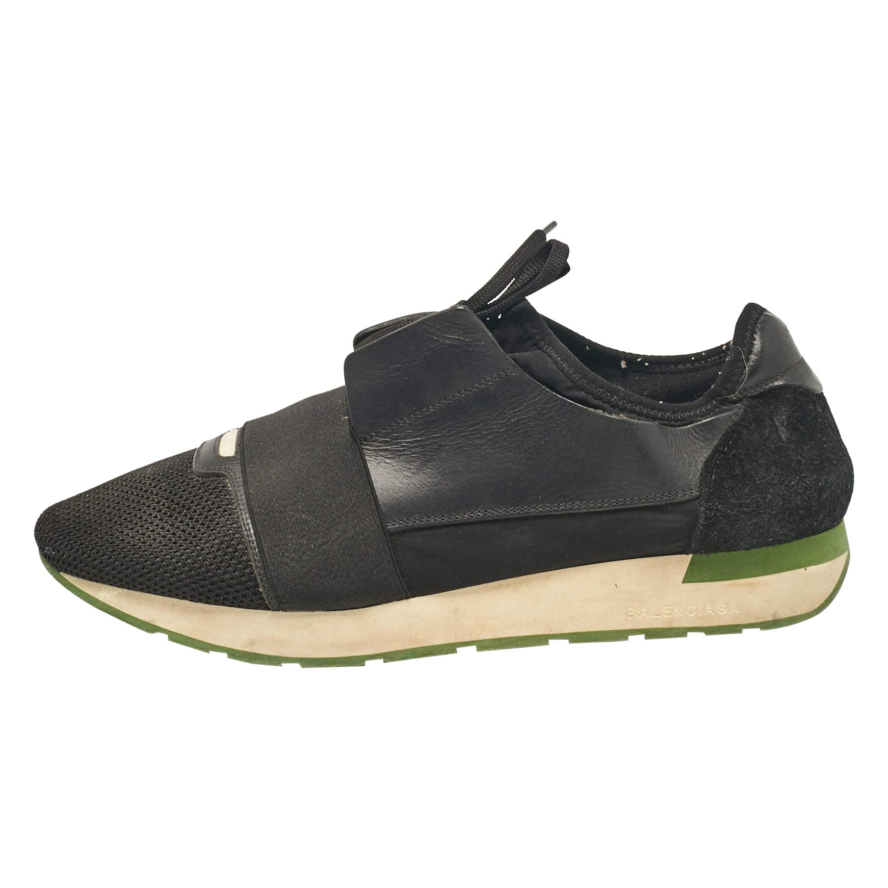 Balenciaga Black Leather Mesh Race Runner Lace Up Sneakers Size 44 For Sale