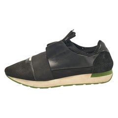 Balenciaga Black Leather Mesh Race Runner Lace Up Sneakers Size 44
