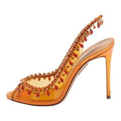 Aquazzura Orange Leather and PVC Crystal Embellished Temptation Pumps Size 38