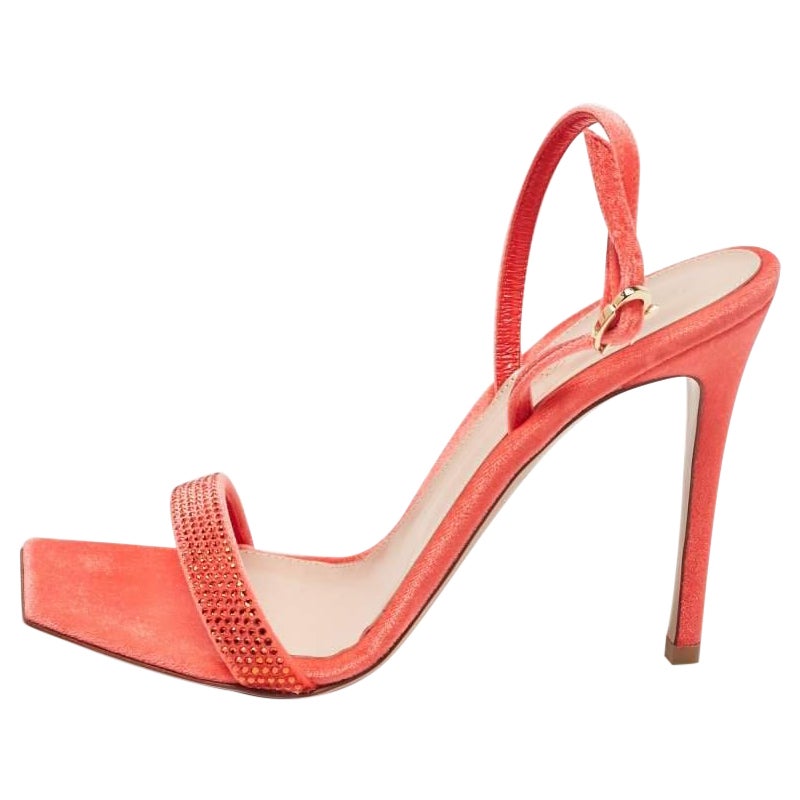 Gianvito Rossi Poppy Red Velvet Embellished Britney Sandals Size 39.5 For Sale